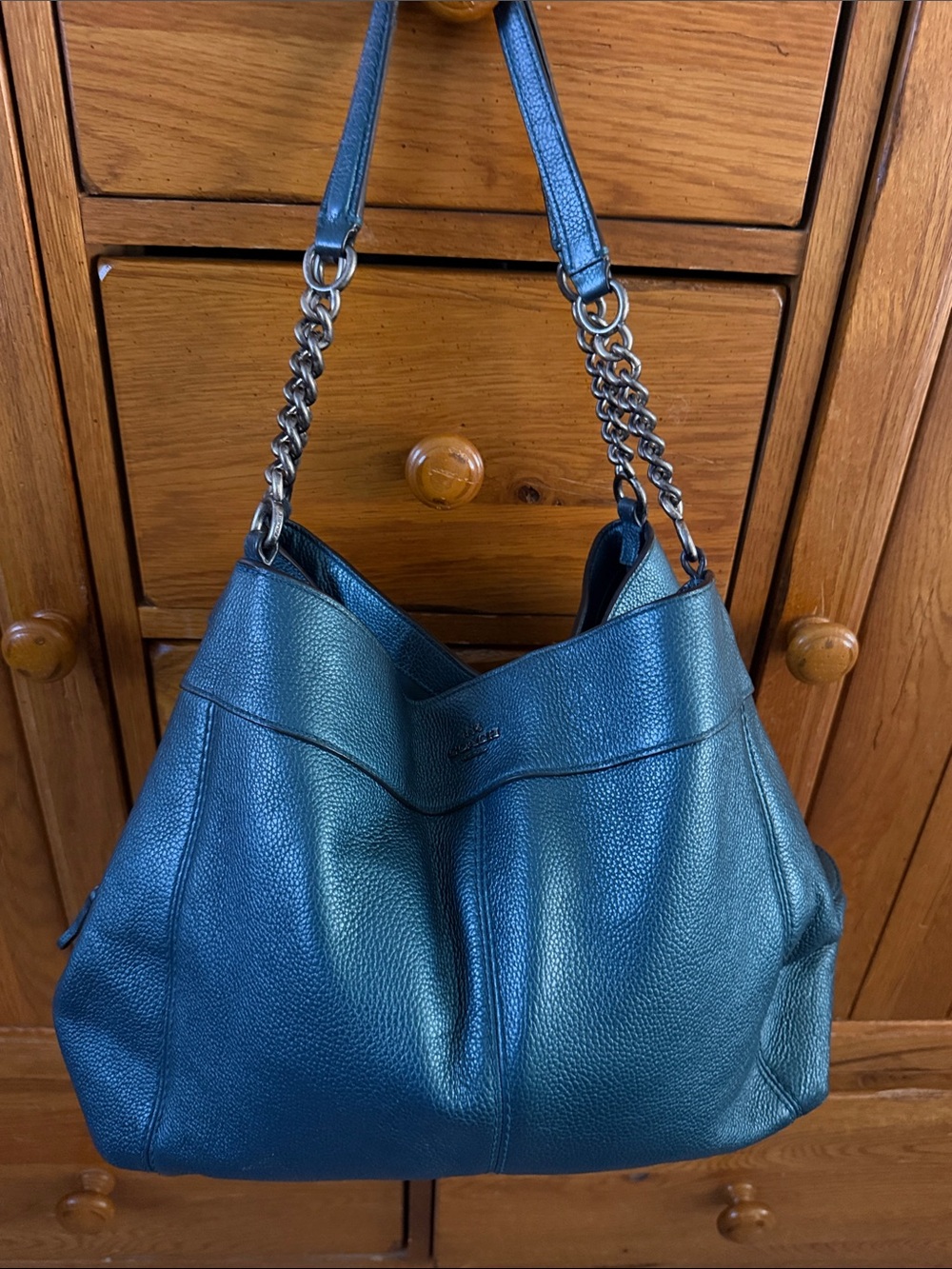 Coach Teal Pebbled Leather Shoulder Bag with Chain Straps